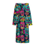 Teal Pink Sugar Skull Pattern Print Hooded Bathrobe