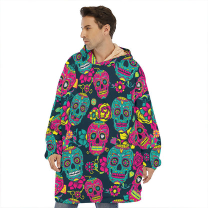 Teal Pink Sugar Skull Pattern Print Hoodie Blanket
