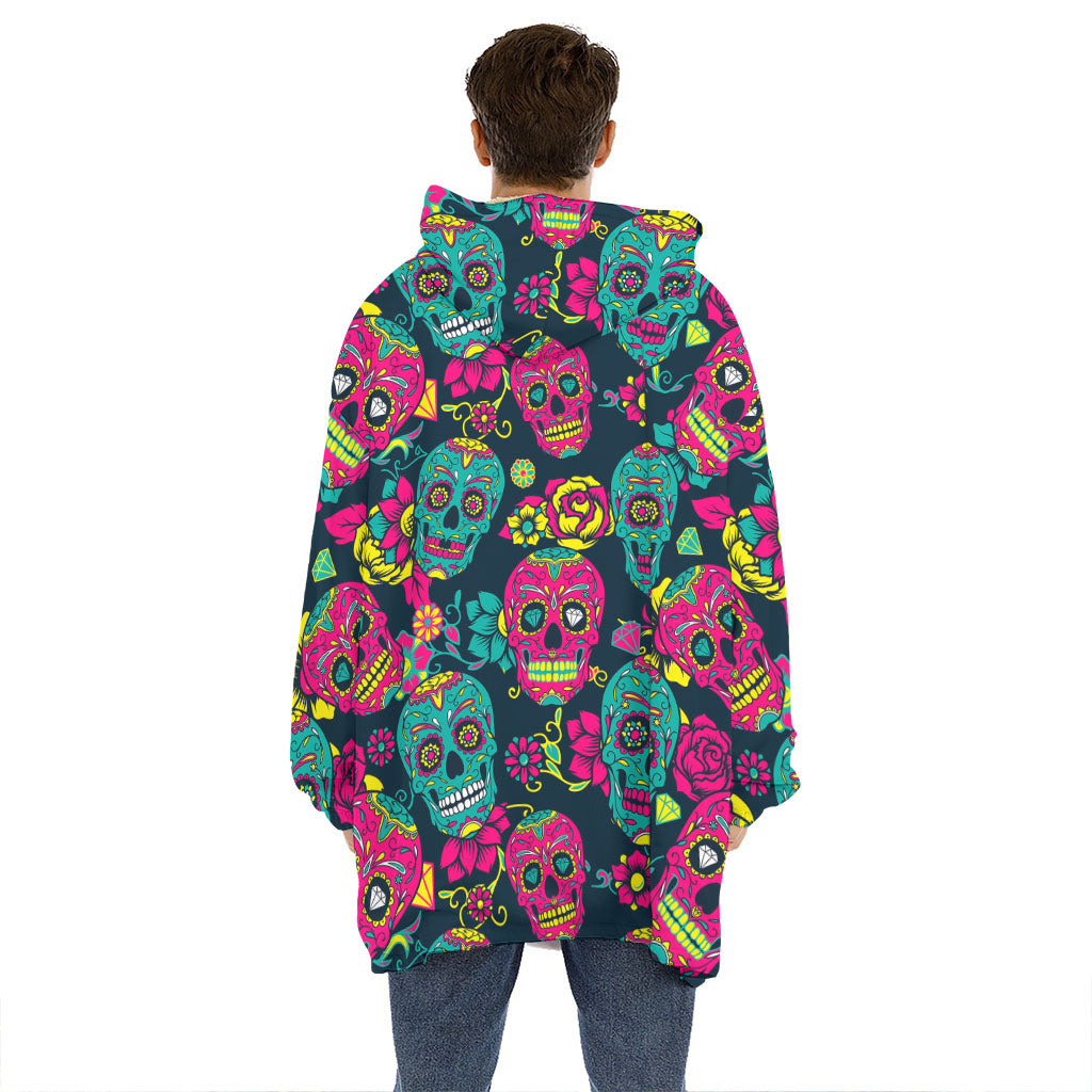 Teal Pink Sugar Skull Pattern Print Hoodie Blanket