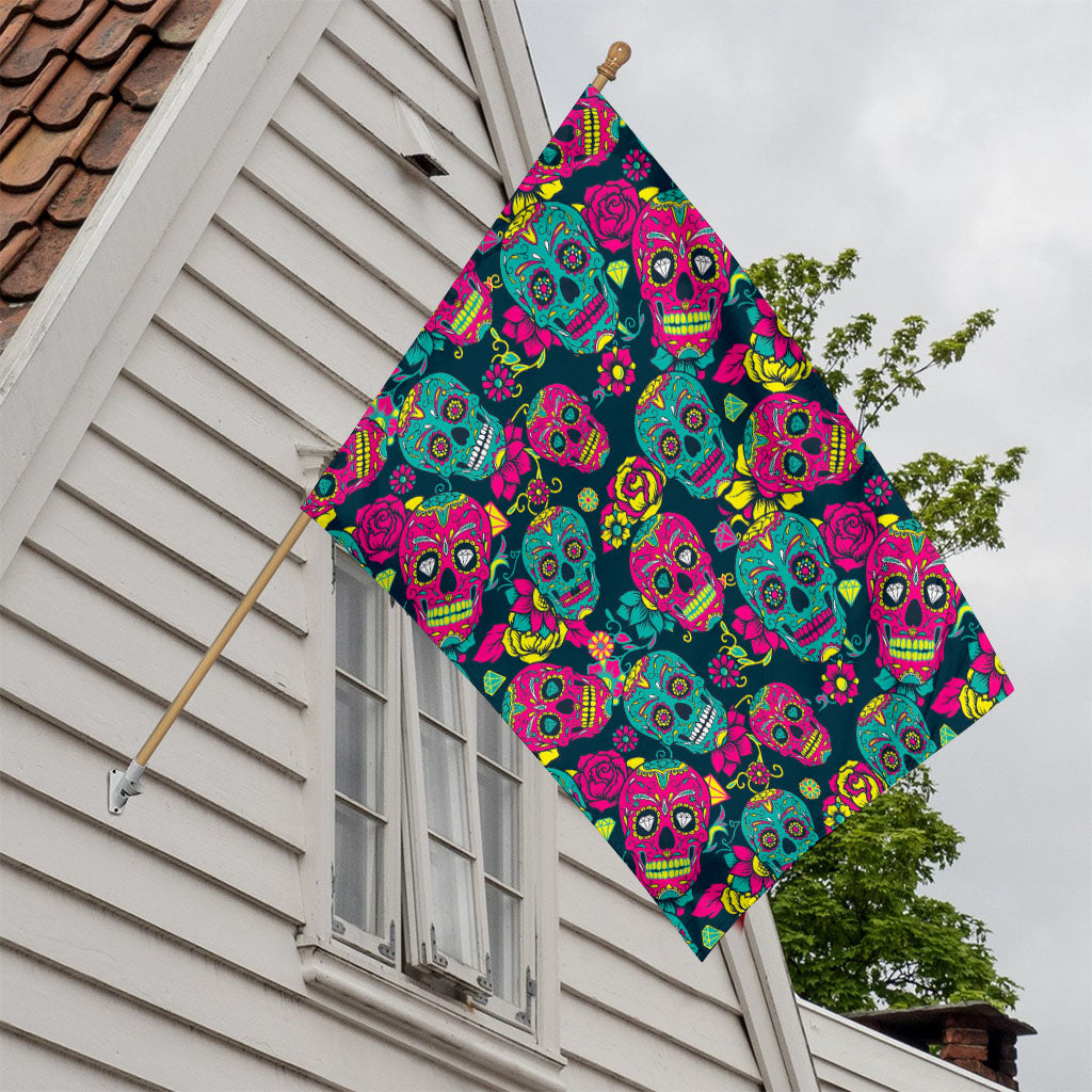 Teal Pink Sugar Skull Pattern Print House Flag
