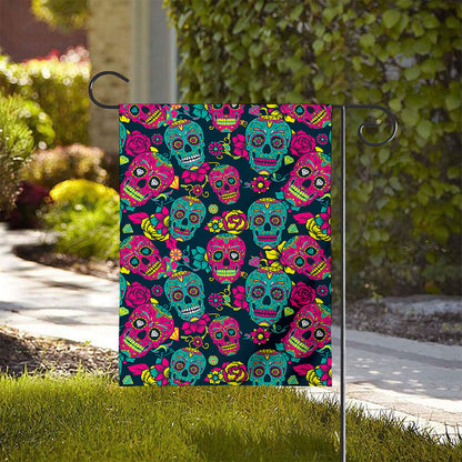 Teal Pink Sugar Skull Pattern Print House Flag