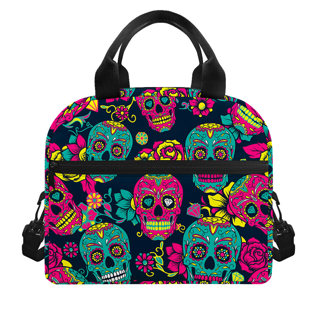 Teal Pink Sugar Skull Pattern Print Insulated Lunch Bag
