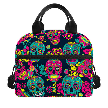 Teal Pink Sugar Skull Pattern Print Insulated Lunch Bag
