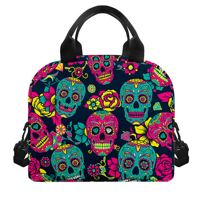 Teal Pink Sugar Skull Pattern Print Insulated Lunch Bag