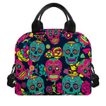 Teal Pink Sugar Skull Pattern Print Insulated Lunch Bag