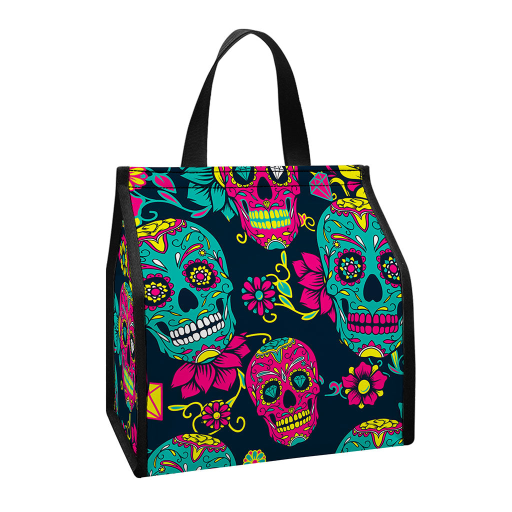 Teal Pink Sugar Skull Pattern Print Insulated Lunch Tote