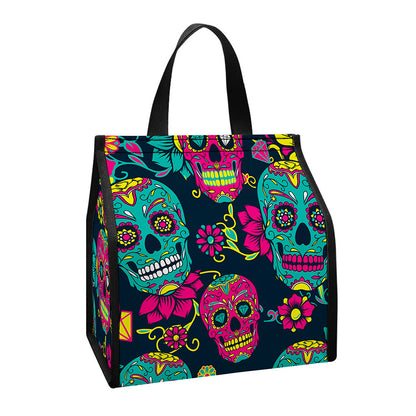 Teal Pink Sugar Skull Pattern Print Insulated Lunch Tote