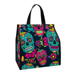 Teal Pink Sugar Skull Pattern Print Insulated Lunch Tote