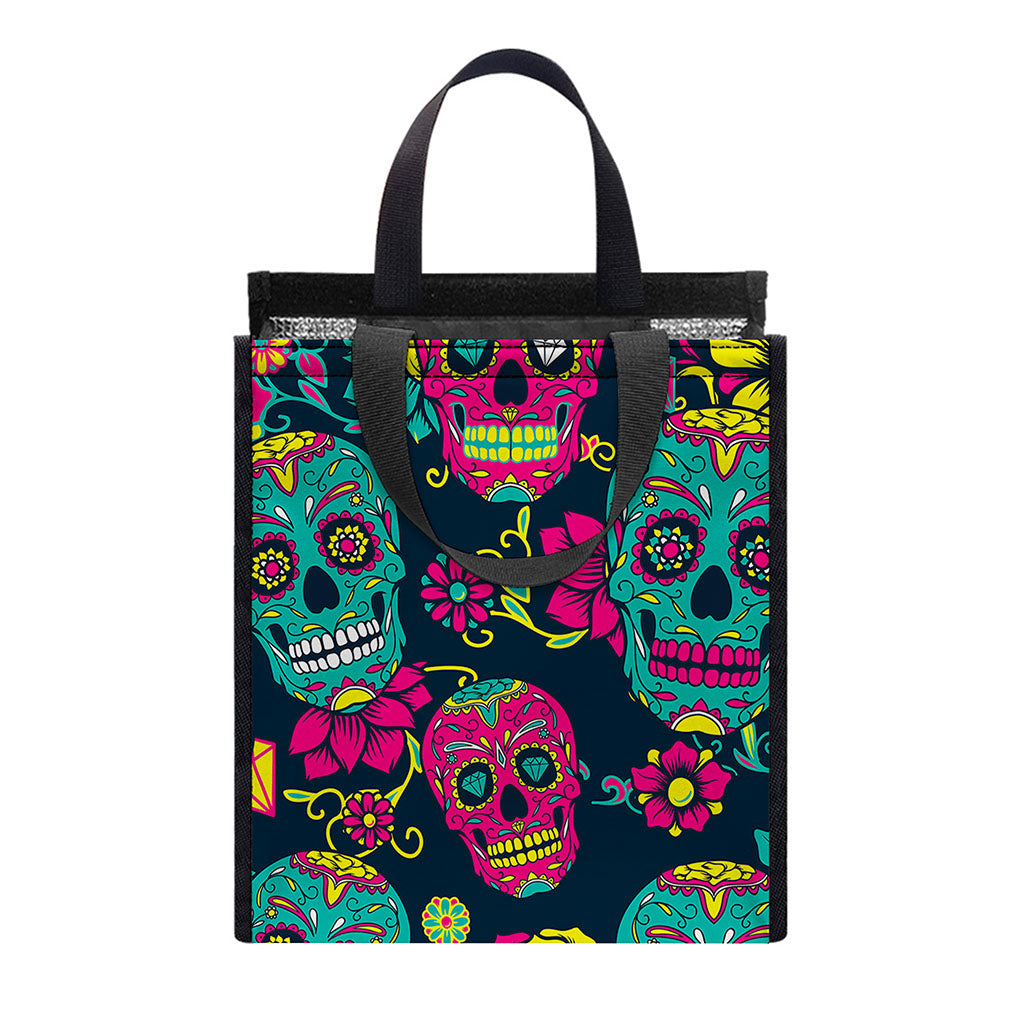 Teal Pink Sugar Skull Pattern Print Insulated Lunch Tote