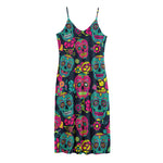 Teal Pink Sugar Skull Pattern Print Jersey Midi Cami Dress