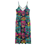 Teal Pink Sugar Skull Pattern Print Jersey Midi Cami Dress