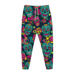 Teal Pink Sugar Skull Pattern Print Jogger Pants