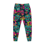 Teal Pink Sugar Skull Pattern Print Jogger Pants