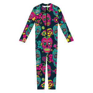 Teal Pink Sugar Skull Pattern Print Jumpsuit