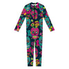 Teal Pink Sugar Skull Pattern Print Jumpsuit