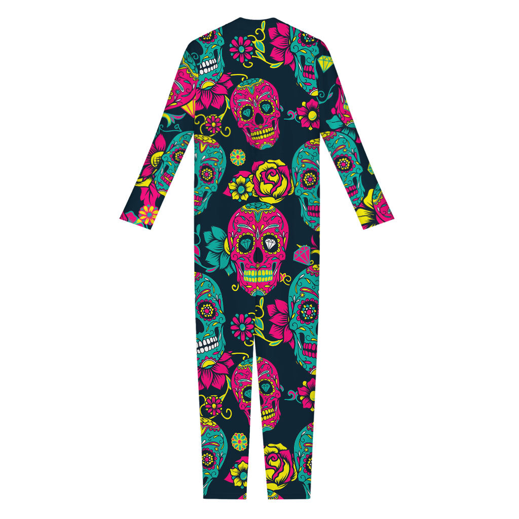 Teal Pink Sugar Skull Pattern Print Jumpsuit