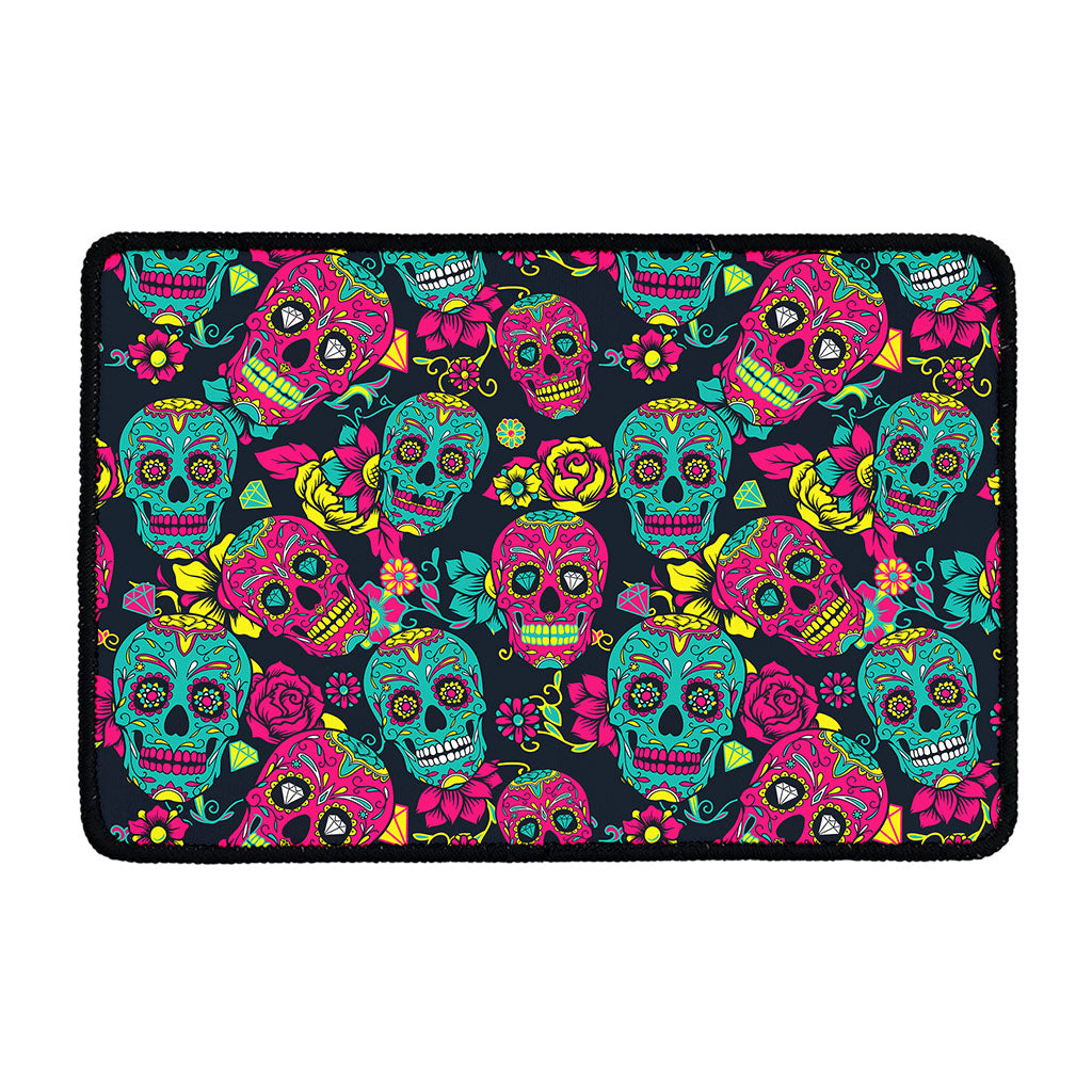 Teal Pink Sugar Skull Pattern Print Kitchen Mat