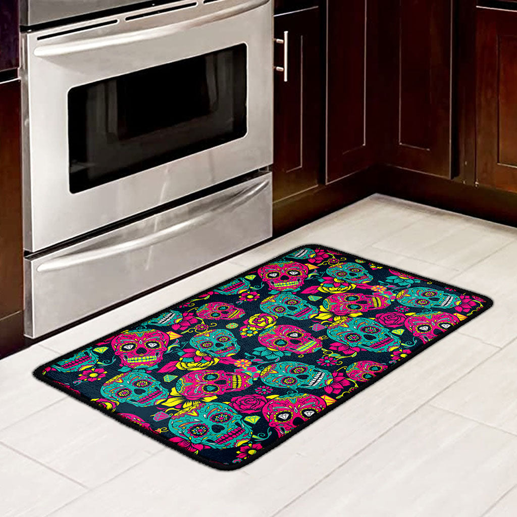 Teal Pink Sugar Skull Pattern Print Kitchen Mat