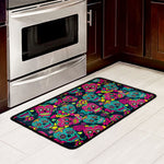 Teal Pink Sugar Skull Pattern Print Kitchen Mat
