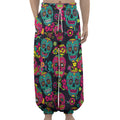 Teal Pink Sugar Skull Pattern Print Lantern Pants