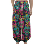 Teal Pink Sugar Skull Pattern Print Lantern Pants