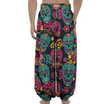 Teal Pink Sugar Skull Pattern Print Lantern Pants