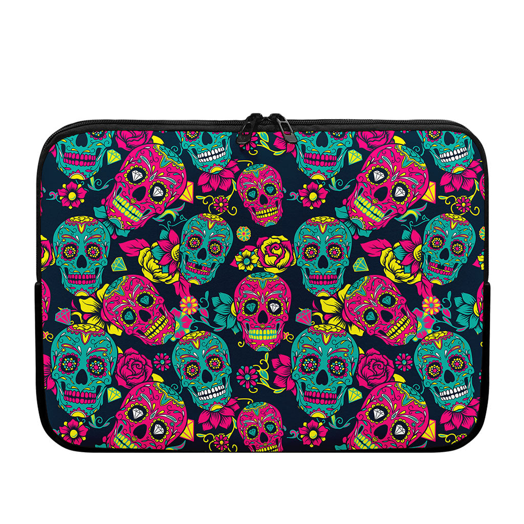 Teal Pink Sugar Skull Pattern Print Laptop Sleeve