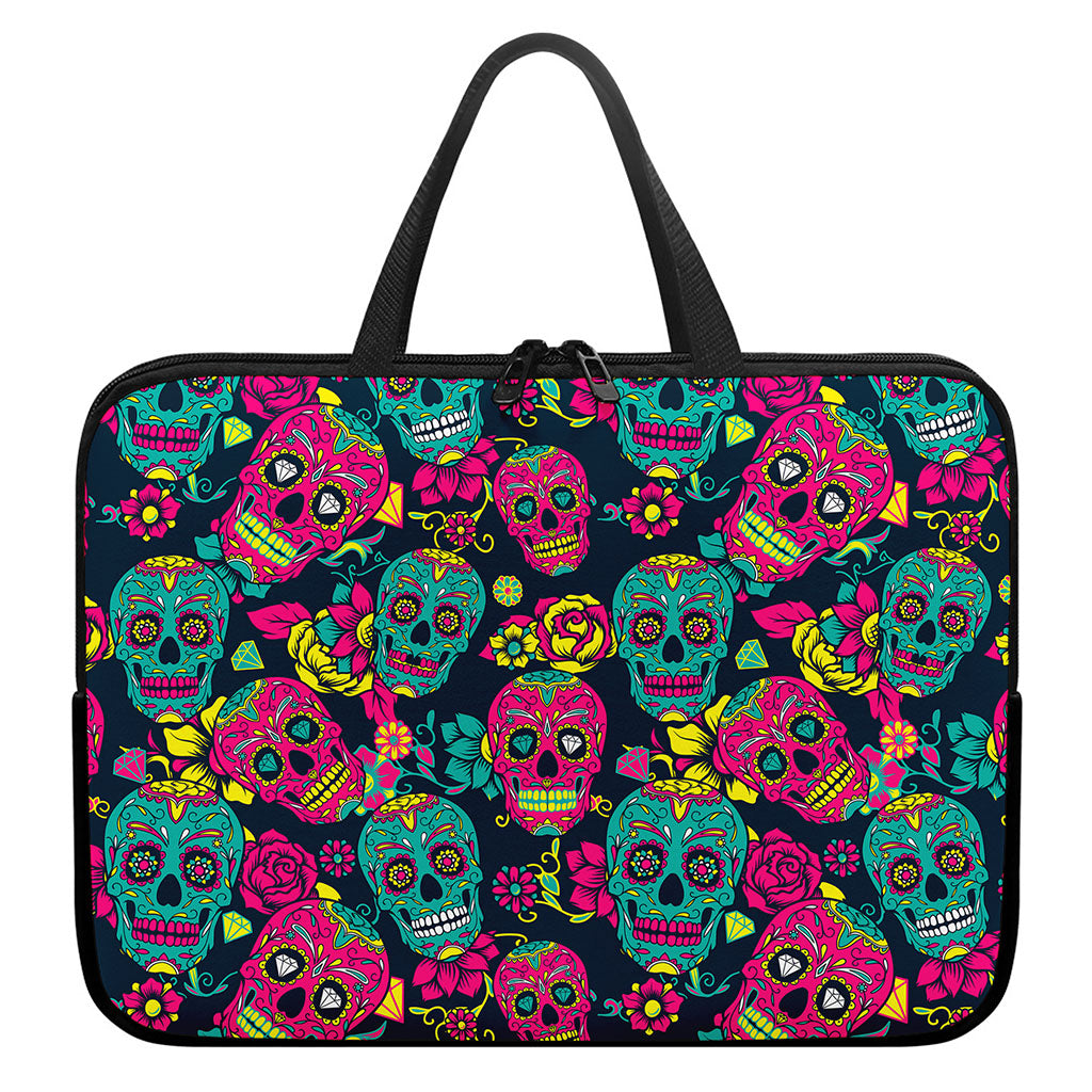 Teal Pink Sugar Skull Pattern Print Laptop Sleeve With Handle