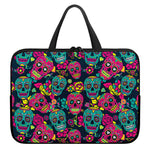 Teal Pink Sugar Skull Pattern Print Laptop Sleeve With Handle