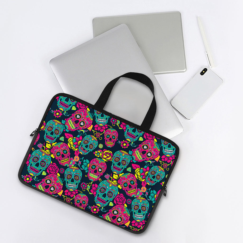 Teal Pink Sugar Skull Pattern Print Laptop Sleeve With Handle