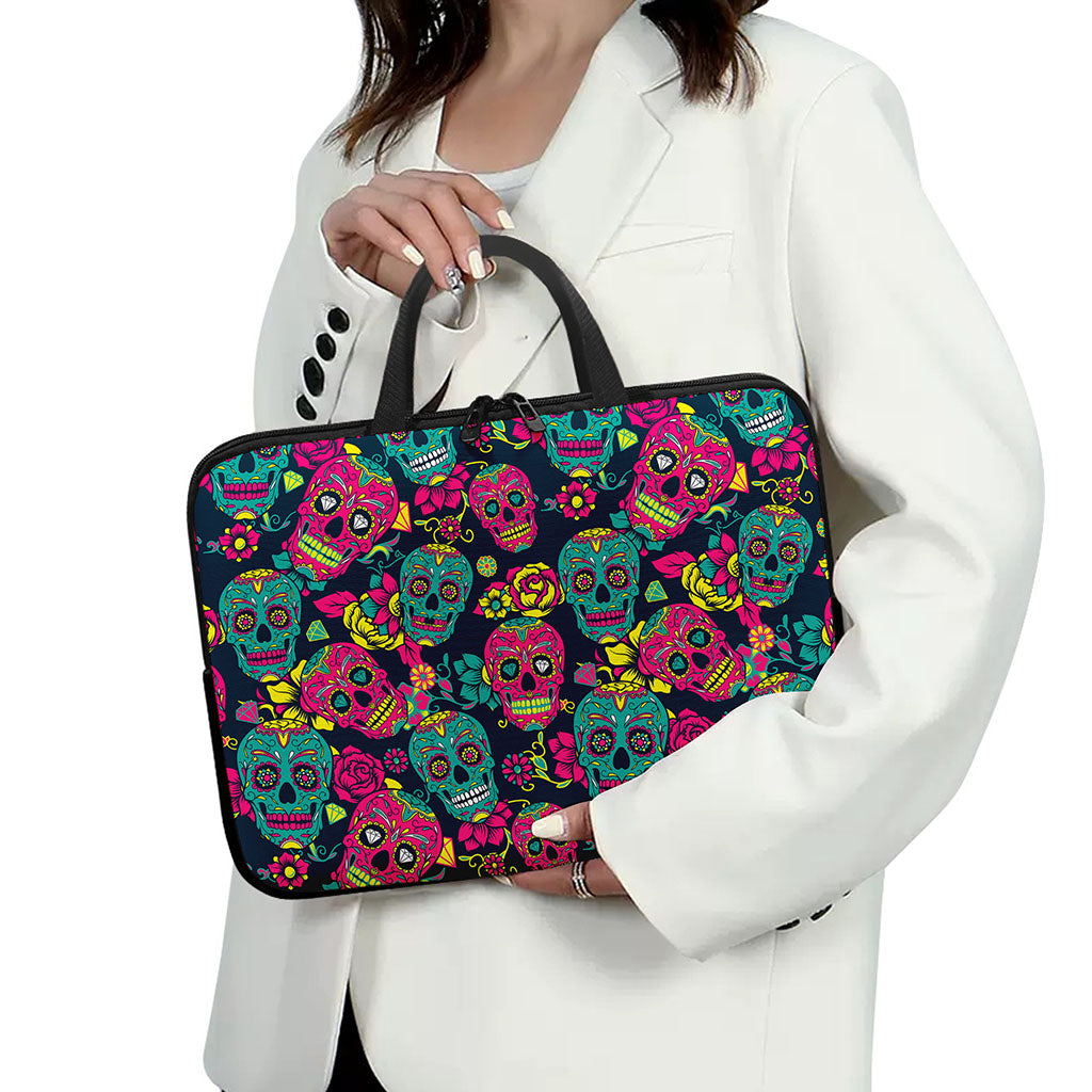 Teal Pink Sugar Skull Pattern Print Laptop Sleeve With Handle