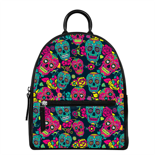 Teal Pink Sugar Skull Pattern Print Leather Backpack