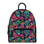 Teal Pink Sugar Skull Pattern Print Leather Backpack