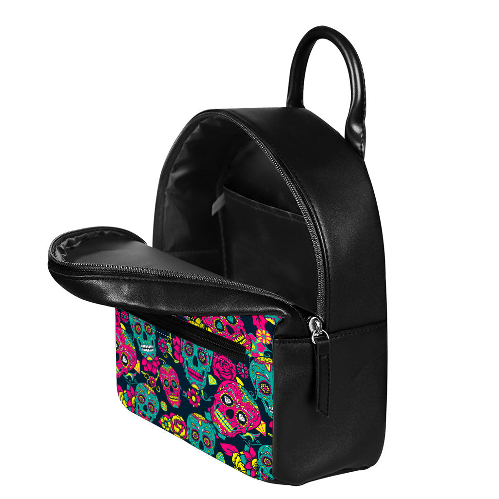 Teal Pink Sugar Skull Pattern Print Leather Backpack