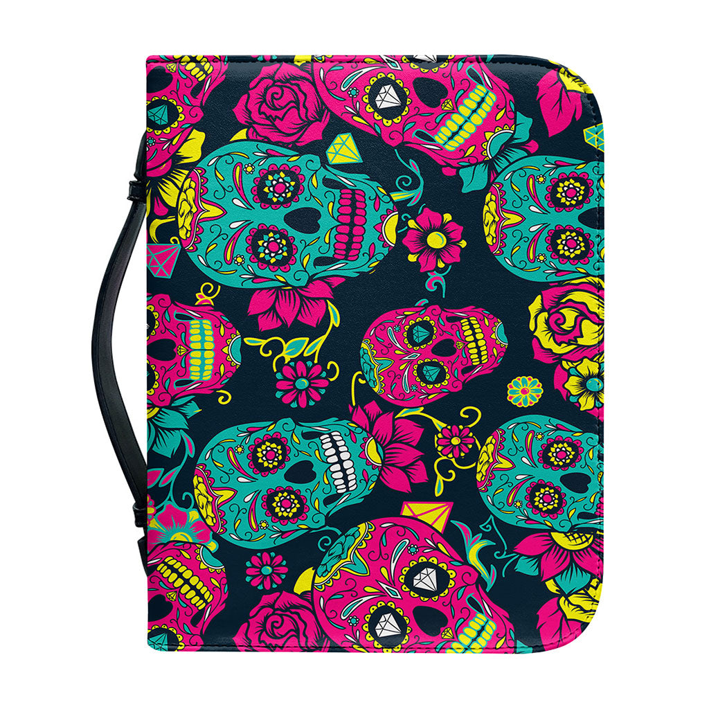 Teal Pink Sugar Skull Pattern Print Leather Bible Cover