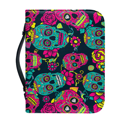 Teal Pink Sugar Skull Pattern Print Leather Bible Cover