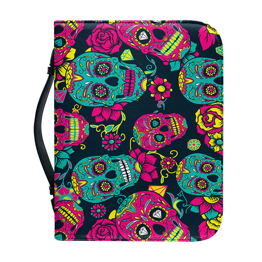 Teal Pink Sugar Skull Pattern Print Leather Bible Cover