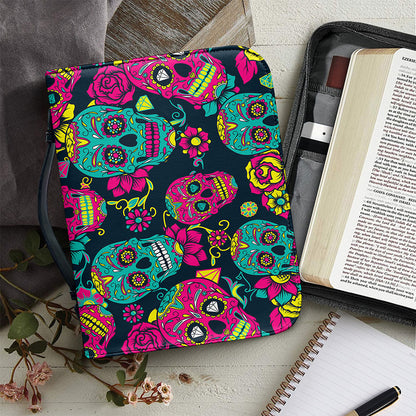Teal Pink Sugar Skull Pattern Print Leather Bible Cover