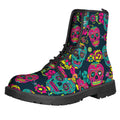 Teal Pink Sugar Skull Pattern Print Lace-Up Boots