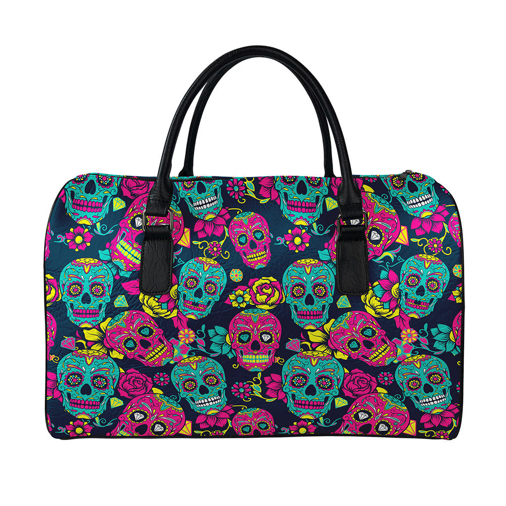 Teal Pink Sugar Skull Pattern Print Leather Duffle Bag