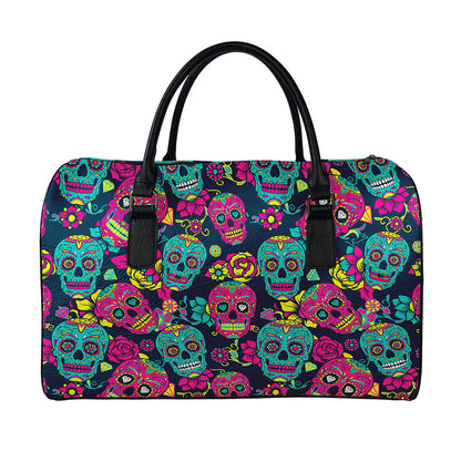 Teal Pink Sugar Skull Pattern Print Leather Duffle Bag