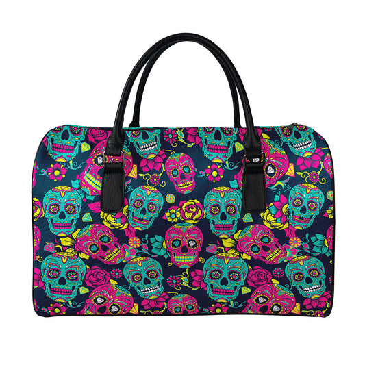 Teal Pink Sugar Skull Pattern Print Leather Duffle Bag