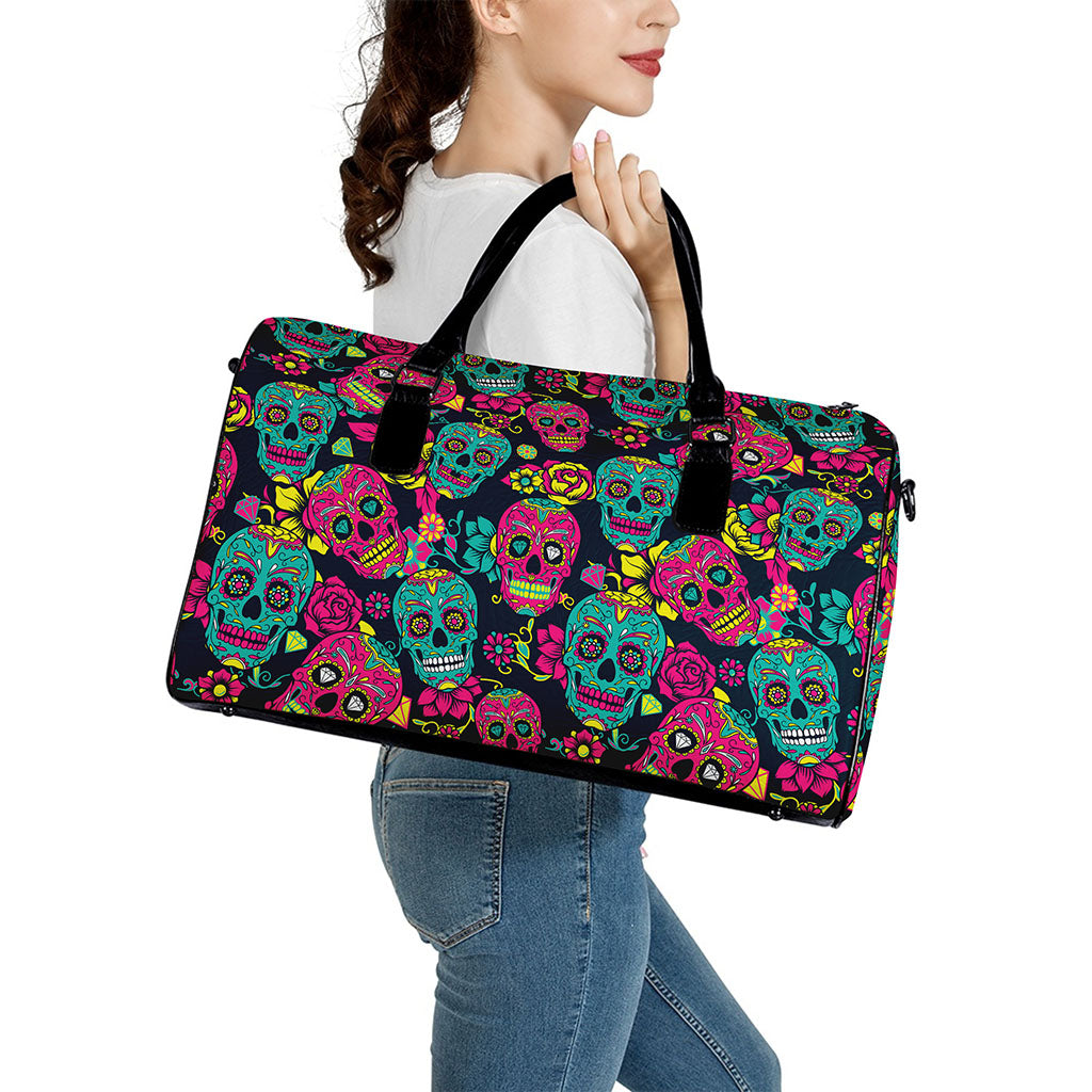 Teal Pink Sugar Skull Pattern Print Leather Duffle Bag