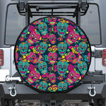 Teal Pink Sugar Skull Pattern Print Leather Spare Tire Cover