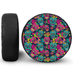 Teal Pink Sugar Skull Pattern Print Leather Spare Tire Cover