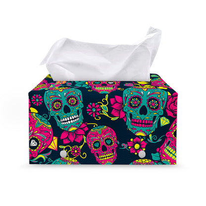 Teal Pink Sugar Skull Pattern Print Leather Tissue Box Cover