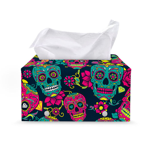 Teal Pink Sugar Skull Pattern Print Leather Tissue Box Cover