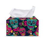 Teal Pink Sugar Skull Pattern Print Leather Tissue Box Cover