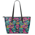 Teal Pink Sugar Skull Pattern Print Leather Tote Bag With Zipper