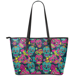 Teal Pink Sugar Skull Pattern Print Leather Tote Bag